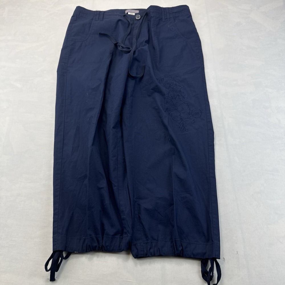 Laura Scott Womens Navy Blue Capri Pants Size 10 Cotton Stretch Embroidered